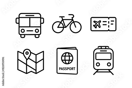 Essential travel icons: transportation, passport, and ticket symbols in minimalist design