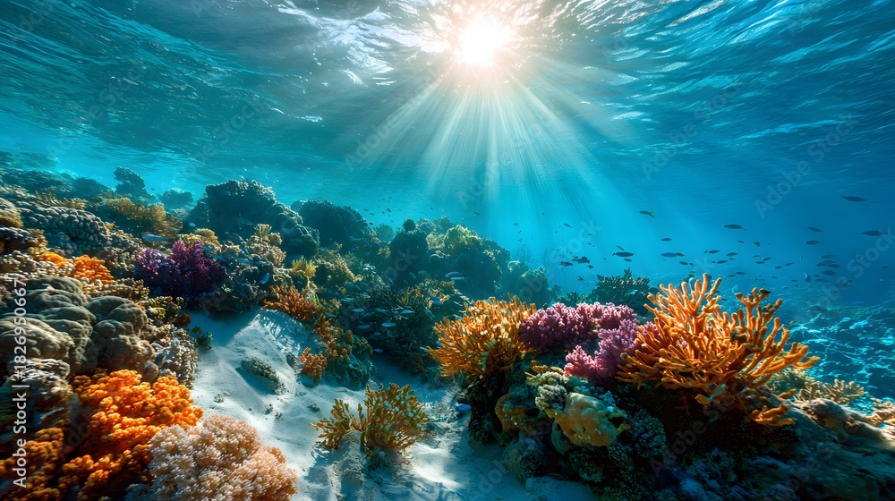 Obraz premium Vibrant tropical coral reef teems with life beneath bright sun rays piercing the ocean surface