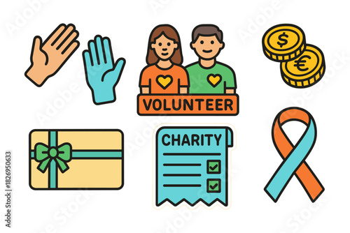 Colorful icons representing charity and volunteering activities