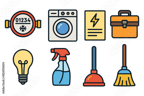 Household utility and cleaning icons: modern outline style for everyday use