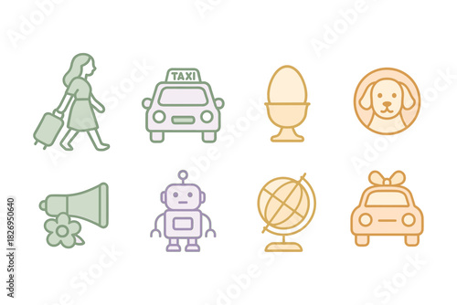 Colorful minimal icons: travel, transportation, pets, and technology