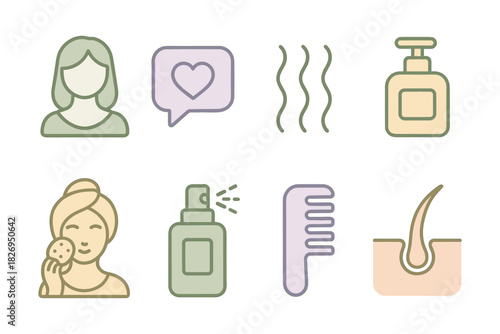 Beauty and skincare icons: line art self-care, hair, and wellness symbols