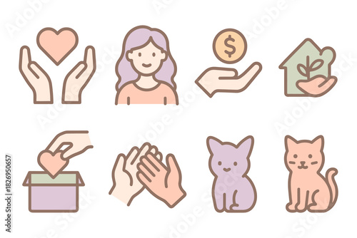 Charity and pet care icons: heart, hands, donation, and cute cats in pastel colors
