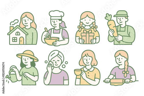 Charming everyday activities: pastel line art of people engaging in various hobbies and tasks