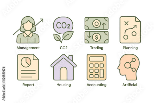Flat style business icons—management, co2, trading, planning, and more