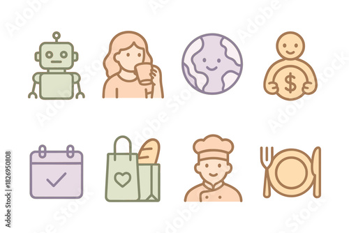 Minimalist icon set featuring robot, person, globe, money, calendar, shopping, chef, and dining symbols