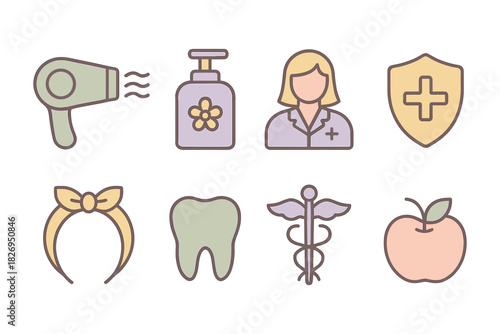 Pastel line icons for health and beauty: hair dryer, soap, nurse, health symbols