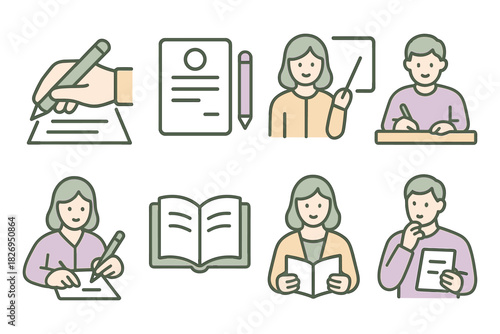 Educational symbols with linear design featuring characters and learning tools