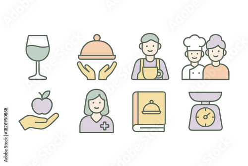 Culinary icon set: chefs, food, and kitchen essentials in pastel colors