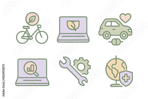 Eco-friendly lifestyle: sustainable transport and technology concepts in pastel outline