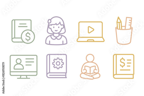 Pastel line art icons for online learning and education resources