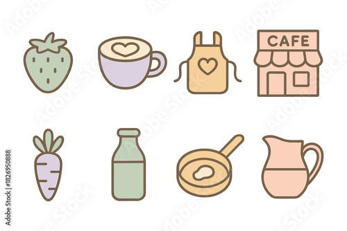 Cafe essentials: flat icons of coffee, food, and kitchen items