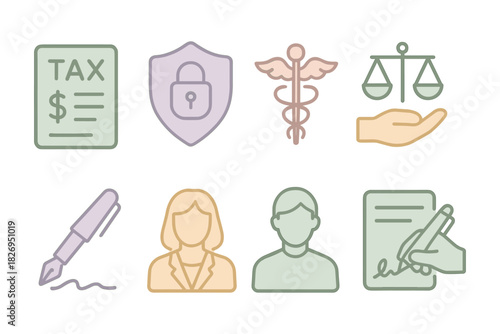 Professional and legal icon set featuring thin line symbols for various industries