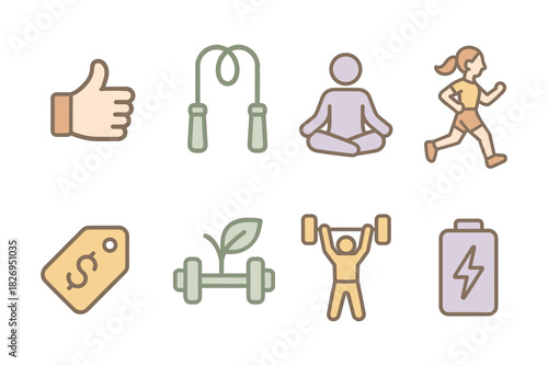 Healthy lifestyle icons: fitness, wellness, and exercise symbols in pastel colors