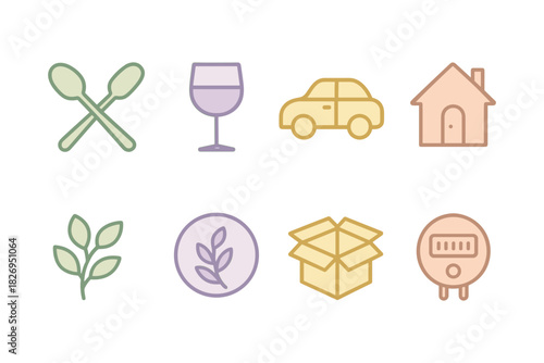 Pastel colored minimal icon set with everyday objects and shapes