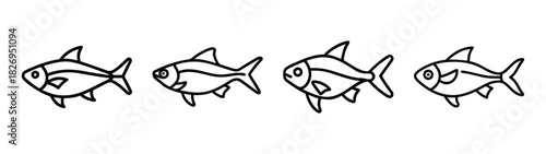Four cute cartoon fish drawing vector illustration for coloring book page and design assets use