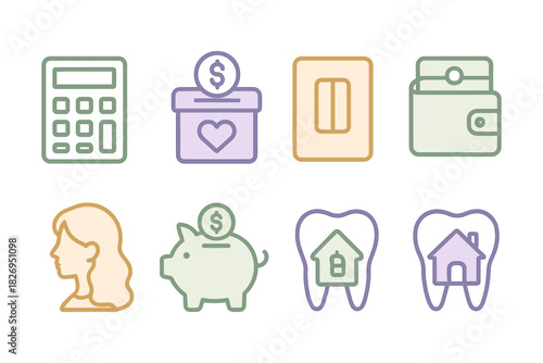 Financial and personal icons: calculator, savings, wallet, and home in soft pastel linear style