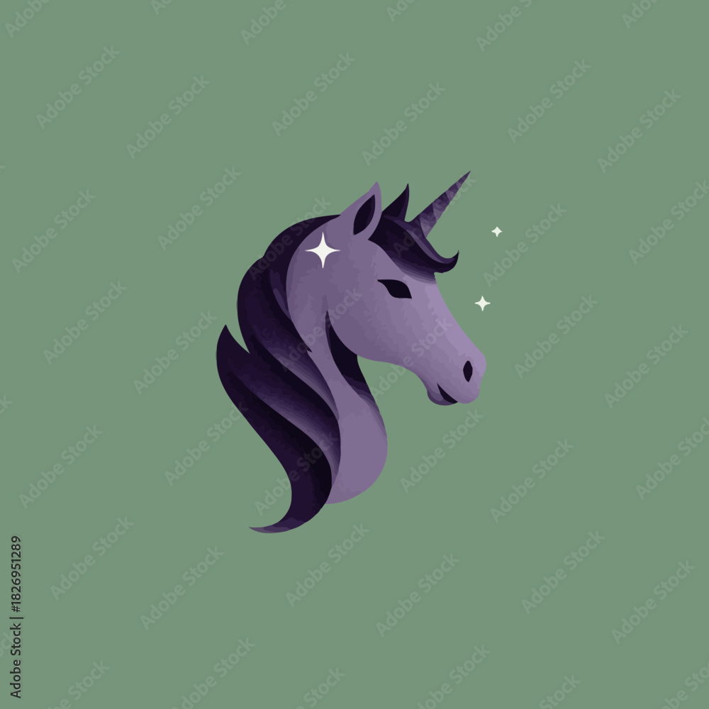 Fototapeta premium Sparkling Magical Purple Unicorn Head Illustration - Mythical Fantasy Animal Vector Art on Green Background
