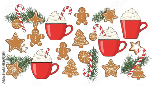 Festive Christmas Treats and Hot Drinks Illustration.