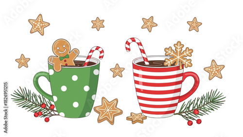 Festive Christmas mugs with gingerbread cookies and candy canes.