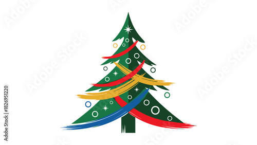 Festive Christmas tree adorned with colorful ribbons and ornaments for holiday celebrations.