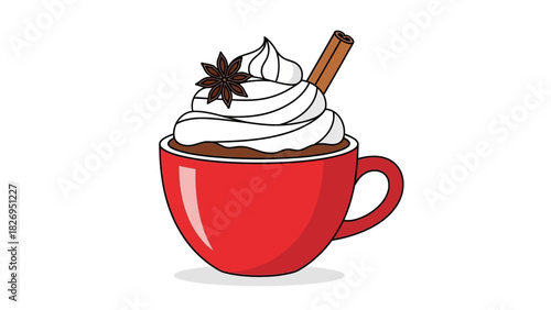 Festive Hot Chocolate Drink with Whipped Cream and Spices.