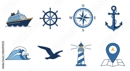 Nautical icons collection featuring ship, compass, anchor, lighthouse, and more in flat style