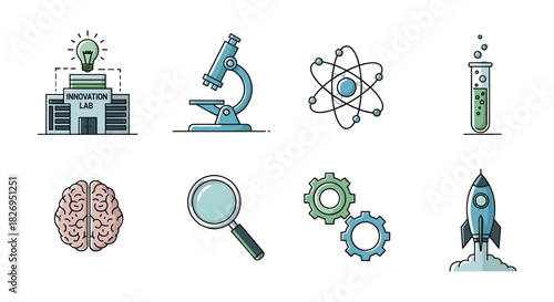 Science and innovation icons: microscope, atom, brain, and rocket in flat design