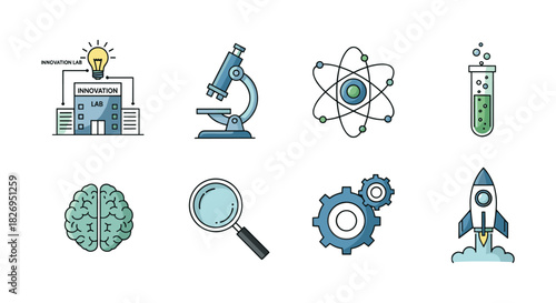 Science and innovation icons set featuring lab, microscope, atom, brain, and rocket