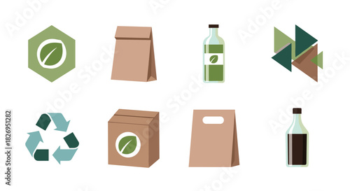 Eco-friendly packaging icons: minimalist design with recycling symbols
