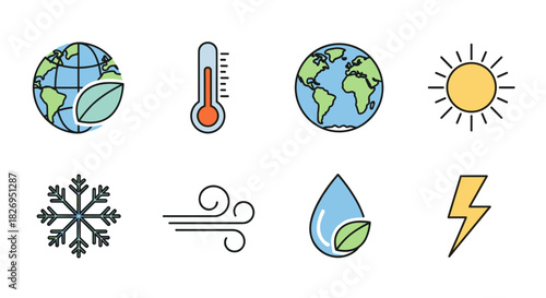Colorful icons representing climate and weather elements with earth and temperature symbols