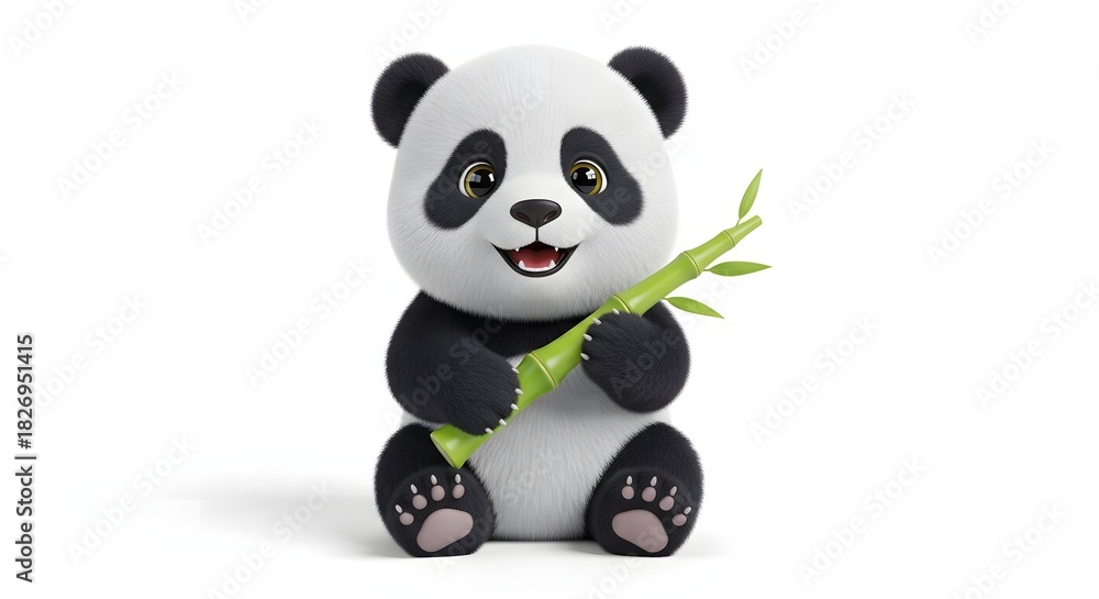 Naklejka premium A cute and happy cartoon panda cub sitting and holding a green bamboo stalk with a joyful expression on a white background.