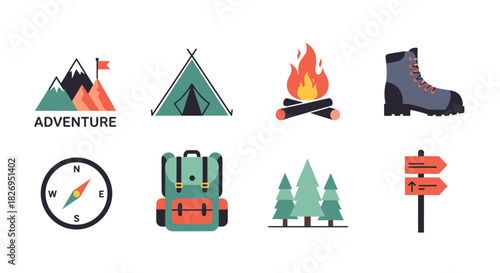 Outdoor adventure icons featuring hiking, camping gear, and nature elements in flat design