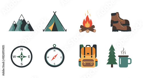 Outdoor adventure icons featuring camping gear, hiking boots, and nature elements in flat design
