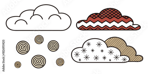 Stylized clouds with circular patterns and zigzag designs are depicted against a white background.