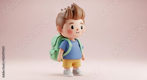 A cheerful cartoon boy with a backpack stands against a light pink background in a studio shot