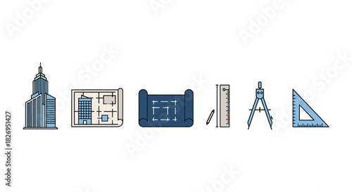 Architectural tools and blueprints with building icons in linear style