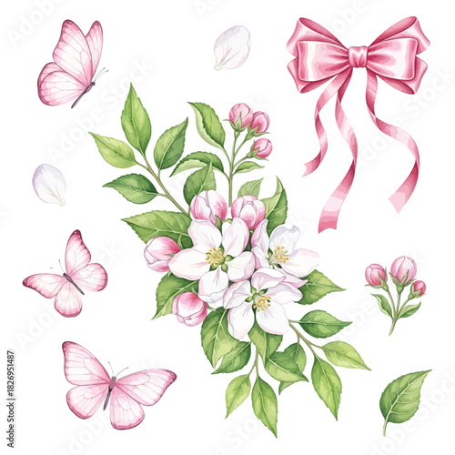 Delicate watercolor illustration of apple blossoms, green leaves, butterflies, and a pink satin bow in a soft, scattered composition on white background