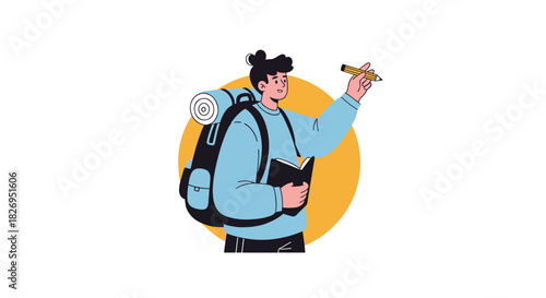 Adventure seeker with backpack and book in modern flat design