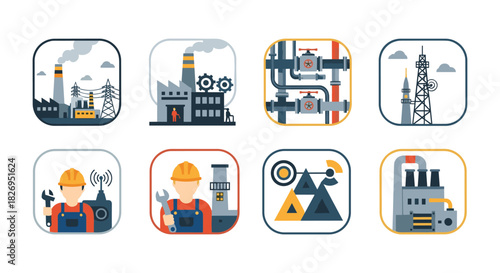 Industrial icons set featuring factories, pipes, oil rigs, and workers in flat design style