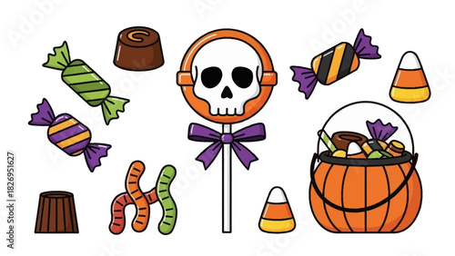 Halloween Candy Assortment Skull Lollipop Worms and Basket.