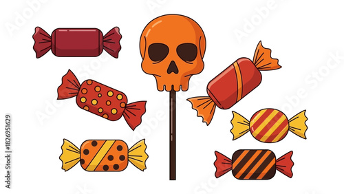 Halloween Candy Collection with Skull Lollipop and Wrapped Sweets.
