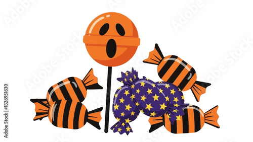 Halloween Candy Collection with Spooky Lollipop and Wrapped Treats.