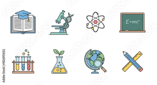 Educational icons set with flat design featuring science and learning elements