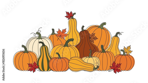 Hand drawn illustration of a pile of pumpkins and gourds.