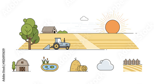 Flat farming landscape with sunrise and agricultural elements