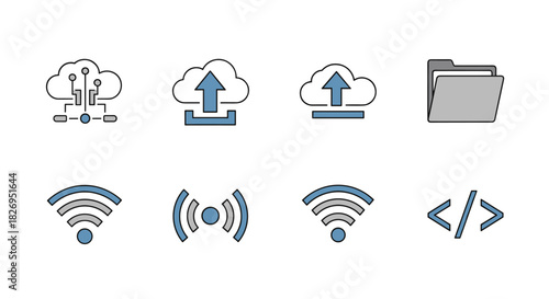Modern cloud and wireless network technology icons set in flat design