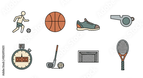 Set of flat sports icons including soccer, basketball, tennis, and golf