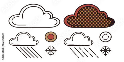 Weather icons depict clouds, rain, and snow, representing different atmospheric conditions.