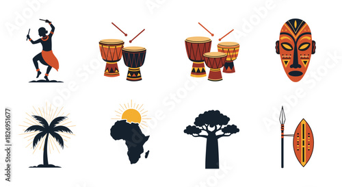 African cultural elements set with musical instruments, masks, and nature icons